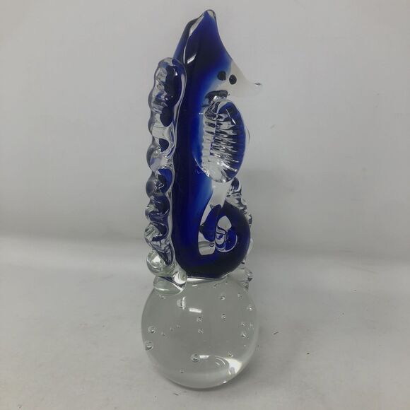 Art Glass Seahorse Paperweight Cobalt Blue Bullicante Bubbles 7" Beachy Coastal - Picture 6 of 11